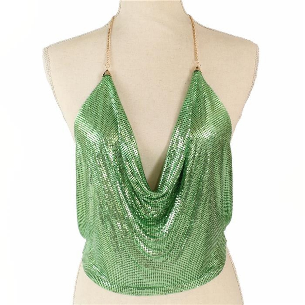 Green Mesh Metal Backless Body Chain Crop Top Trendy Camisole Fashion Statement